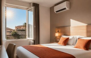 Chambre d'hôtel en été avec soleil et climatisation pour illustrer le classement touristique