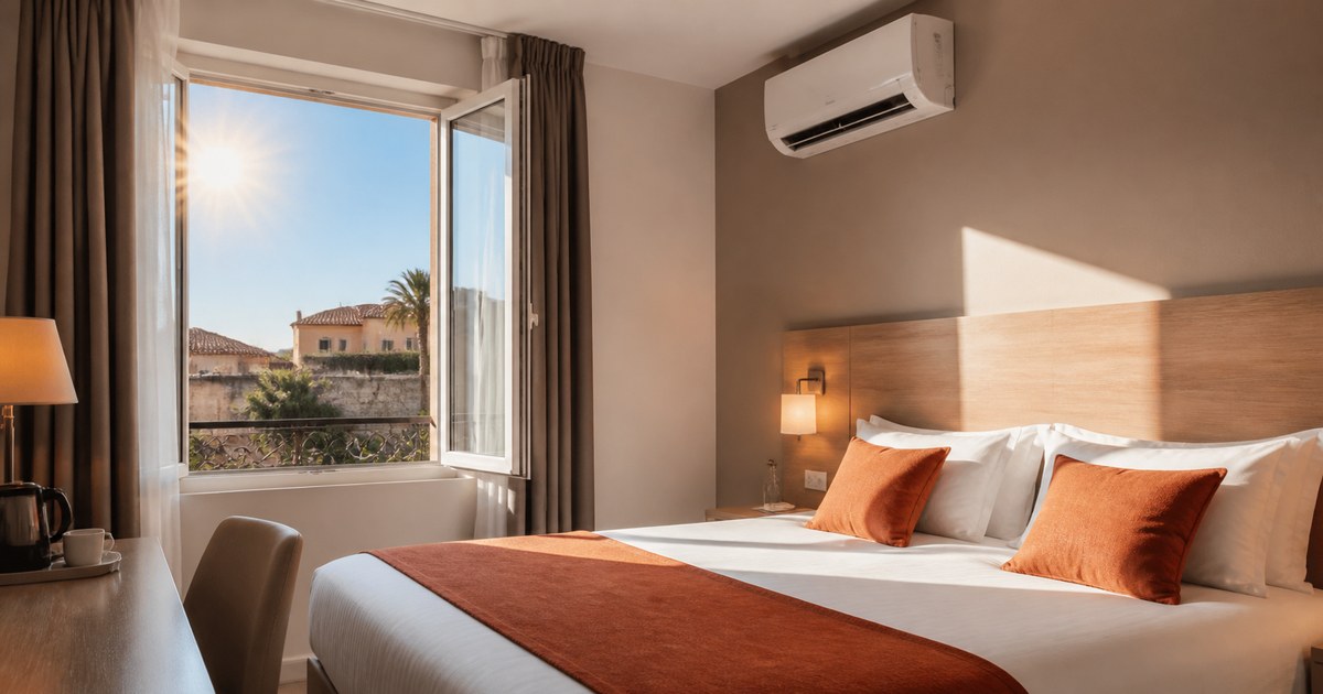 Chambre d'hôtel en été avec soleil et climatisation pour le classement touristique
